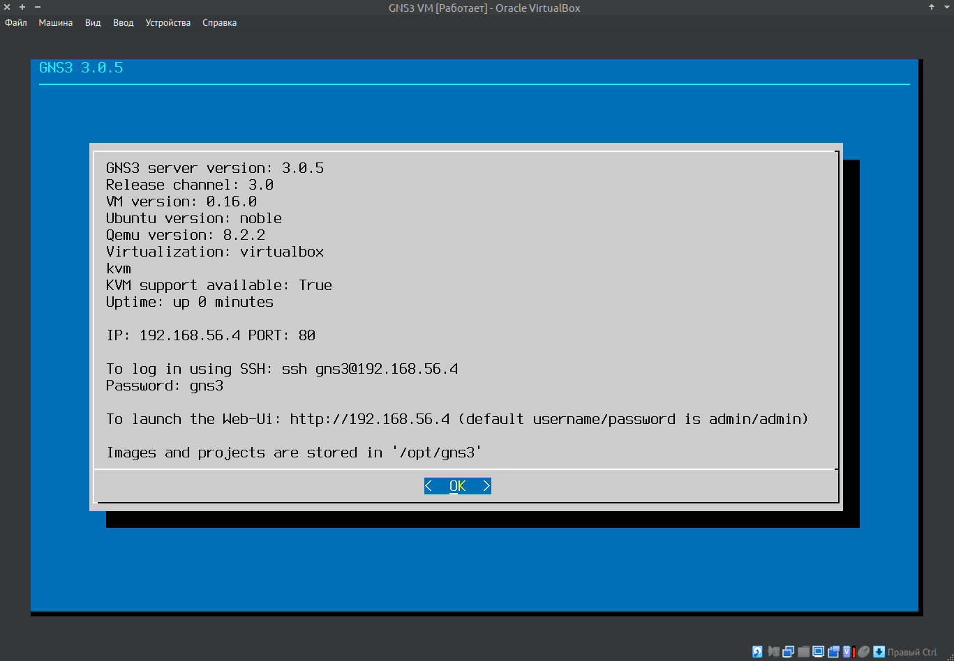 Успешно запущенный gns3-server